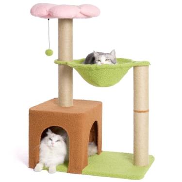 Imagem de Pawfessor Flower Cat Tree 86 cm, arranhador, torre para gatos grandes, com rede grande de 38 cm, cama superior removível e condomínio largo para gatos internos - marrom floresta