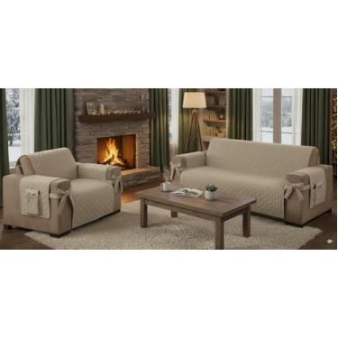 Imagem de Kit Capa Protetora para Sofá 2 e 3 Lugares | Protetor de Sofá Ajustável com Laço Decorativo | Capas Laváveis Antiderrapantes | Proteção contra Sujeira, Manchas, Pets e Crianças (Bege)