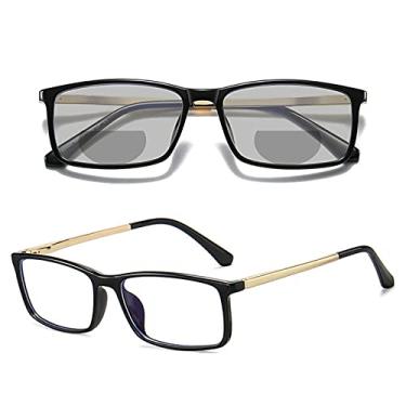 Imagem de TR90 Óculos de leitura fotocromáticos de transição retangulares bifocais para mulheres e homens, lupa, óculos de sol presbiopia, Preto, 200 magnification