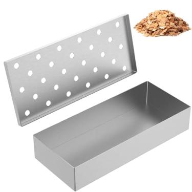 Imagem de DJAPWPX 2 peças de caixa de defumador de lascas de madeira de aço inoxidável para churrasqueira caixa de defumador com tampa para melhorar os sabores do grelhador e acessórios para churrasqueira a gás