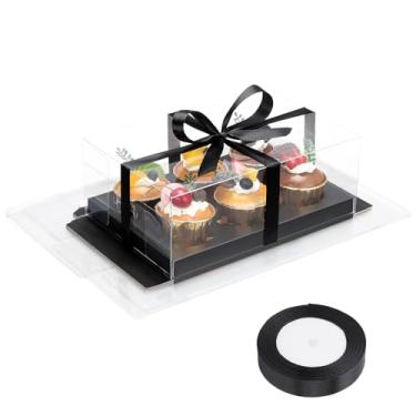 Imagem de EUSOAR Caixas de cupcake 6 unidades, 6 pacotes de mini bolos pretos transparentes para pastelaria com fita de presente, suporte retangular de sobremesa para biscoitos, embalagens descartáveis para
