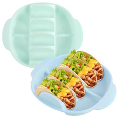 Imagem de Conjunto de 2 pratos de taco de silicone, reutilizáveis de 30 cm com divisórias, seguro para forno/micro-ondas/lava-louças, base antiderrapante para servir tortilhas, jantar em família e acessórios de
