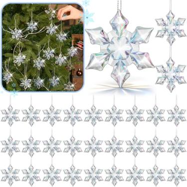 Imagem de Wettarn 30 peças de enfeites de bolas de Natal de cristal acrílico, enfeites de diamante de Natal de vidro de cristal transparente pingos de chuva com fio de prata para decorações penduradas (6 cm