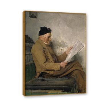 Imagem de Moldura externa de teca. Famosas pinturas a óleo, (Farmer Reading By The Fireside) de Albrecht Anker, reprodução impressa em tela, arte de cenário para decoração de sala de estar. 50 x 70 cm-19,6 x