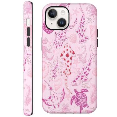 Imagem de CAINAT Capas estéticas para iPhone 13, tubarões rosa, tartarugas, conchas, algas marinhas, capa protetora rígida híbrida de 2 camadas para mulheres e meninas