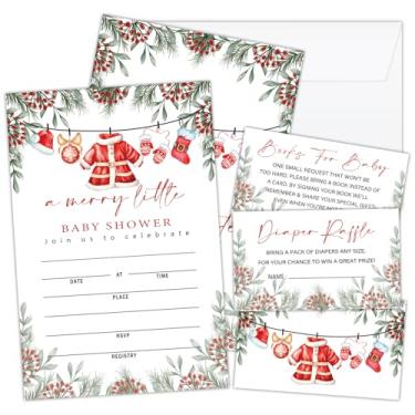 Imagem de Convites para chá de bebê A Merry Little Baby Show, ingressos para sorteio de fraldas, 25 conjuntos de roupas de Natal Convites de inverno com envelopes para revelação de gênero, anúncio de bebê