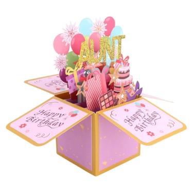 Imagem de Cartão Pop Up Feliz Aniversário para Tia, Cartão Felicitações Aniversário 3D Dobrável com Envelope Balões Coloridos Engraçados e Caixa Presente Pop Up de Fogos de Artifício para Tia