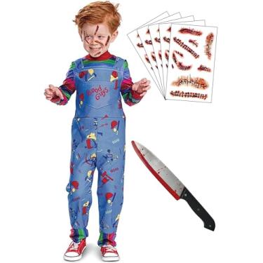 Imagem de 【5 tamanhos para 2 a 13 anos】Fantasia de Halloween Chucky para crianças, macacão de manga comprida, arco-íris, tatuagens, faca, Multicor, M Size(Height:43.3"-47.2")