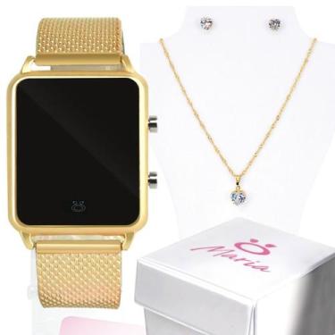Imagem de kit relogio digital feminino dourado silicone l led + colar e brinco c