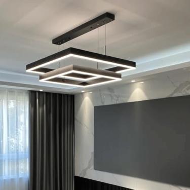 Imagem de Lustre de escada, lustre LED minimalista moderno, retangular regulável, 2/3 anéis, preto, com altura ajustável, luminária pendente LED de luxo para teto alto, sala de estar, quarto, D
