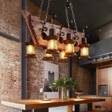 Imagem de Lustre de madeira vintage estilo industrial luz pendente para mesa de jantar cozinha ilha bar restaurante luz de teto retrô artesanal (tamanho D)