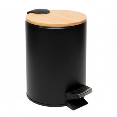 Imagem de Lixeira Redonda De Metal Com Pedal e Tampa Em Bambu 3 Litros (Preto)