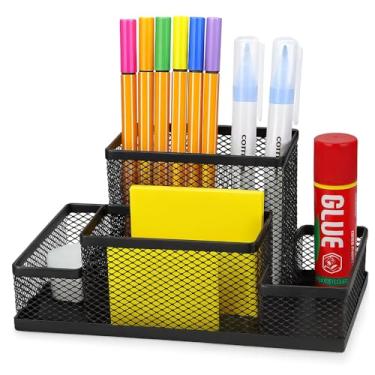 Imagem de Porta Lápis Organizador de Mesa Caneta Clips Lembrete Multifuncional em Metal Preto com Divisórias para Escritório, Escola e Home Office