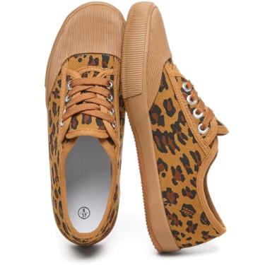 Imagem de Uoidru Tênis feminino clássico branco de lona retrô com cadarço tênis de cano baixo casual para caminhada antiderrapante, Leopardo, 38
