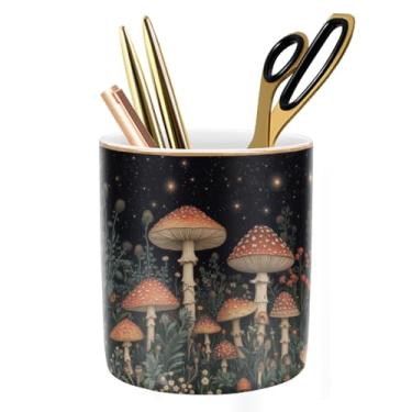 Imagem de WAVEYU Suporte de caneta, copo de lápis para mesa, suporte de pincel de maquiagem fofo, organizador de cerâmica durável para quarto, escritório, sala de aula, estampa de cogumelo fofo
