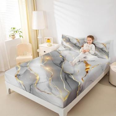 Imagem de Erosebridal Jogo de lençol Queen de mármore cinza, abstrato, mármore, arte moderna, para adultos, homens e mulheres, lençol com elástico, lençol com elástico e cinza dourado