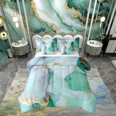 Imagem de Erosebridal Jogo de cama solteiro de mármore verde turquesa abstrata, 7 peças, para quarto de adolescentes, mulheres, adolescentes, moderno, textura metálica, boêmio, hippie, cama fluida em uma bolsa
