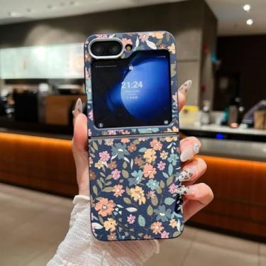 Imagem de Capa dobrável de TPU com textura de couro estampado com flores pequenas para Samsung Galaxy Z Flip6 (para Samsung Galaxy Z Flip6/A677 azul)