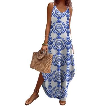 Imagem de Vestido Zeagoo Vacation 2025 Maxi sem mangas azul espaguete XXL
