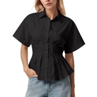 Imagem de Camisa feminina Dewpaur listrada com botões plissada e manga curta - D