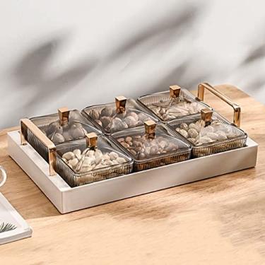 Imagem de Bandeja de tempero dividida de plástico, 6 bandejas removíveis com tampas e bandeja para frutas, nozes, doces, vegetais, lanches, branco