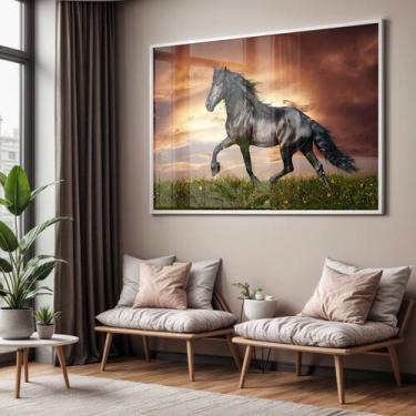 Imagem de Quadro com Moldura e Acrilico Cristal Vidro Sala Quarto Cavalo Preto D
