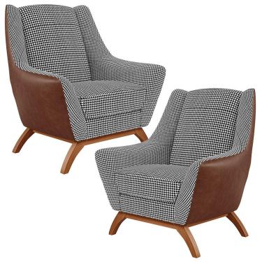 Imagem de Kit 02 Poltronas Decorativas Base Em Madeira Juliet D02 Courissímo Marrom B-38 Pied Poule - Lyam Decor