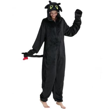 Imagem de EJWCIG Macacão de animal Holloween cosplay fantasia de dragão para adultos, mulheres, homens, adolescentes, pijamas de Natal, Preto, Small