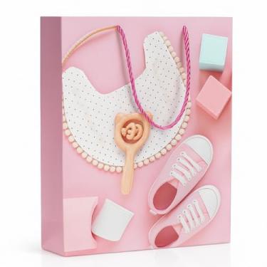 Imagem de Sacola De Presente Baby com Glitter 32x26x10cm – Tema Infantil Para Chá De Bebê E Nascimento (Rosa - Chocalho)