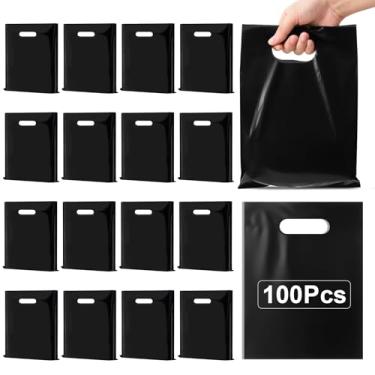 Imagem de Nufiwra Pacote com 100 sacos pequenos de plástico preto para presente com alça cortada, espessos 15 x 20 cm, sacos de mercadorias reutilizáveis para pequenas empresas, boutiques, lembrancinhas