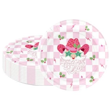 Imagem de LeZakaa 25 peças de pratos de papel de Papai Noel, xadrez rosa, detalhes de azevinho, pratos descartáveis de festa, suprimentos de mesa, decoração de mesa para Natal, férias, jantar, sobremesa, 23 cm