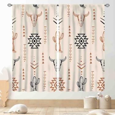 Imagem de Cortinas ocidentais para quarto, estampa de vaca rústica do sudoeste tribal étnico caubói asteca touro caveira casa de fazenda país boho cortina tratamentos para sala de estar banheiro cozinha, 132 x
