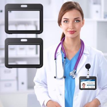 Imagem de Pacote com 3 porta-crachás de identificação com janela transparente dupla face, estojo de plástico rígido horizontal protetor de cartão para funcionários de escritório, professores (Preto)