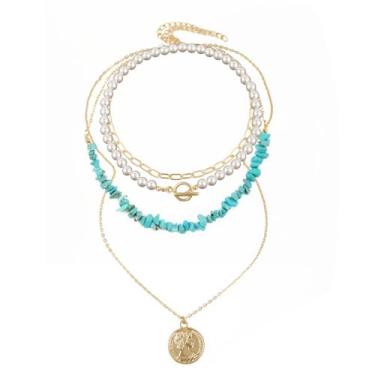 Imagem de Colar feminino de pérolas de pedra verde em camadas - Gargantilha delicada ajustável com pingente de retrato dourado, Medium, Ferro Plástico Pedra, Sem Pedra Preciosa