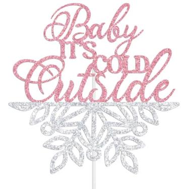 Imagem de Topo de bolo Baby It's Cold Outside, decorações de chá de bebê de inverno, aniversário de floco de neve para menina, decorações de festa de 1º aniversário de inverno Onederland Girl rosa e prata