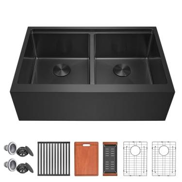 Imagem de MILOSEN Pia de cozinha preta de fazenda de 76 cm, avental de estação de trabalho de aço inoxidável preto de 76 cm x 56 cm, pia frontal com borda e acessórios, pias de fazenda de tigela dupla, pias