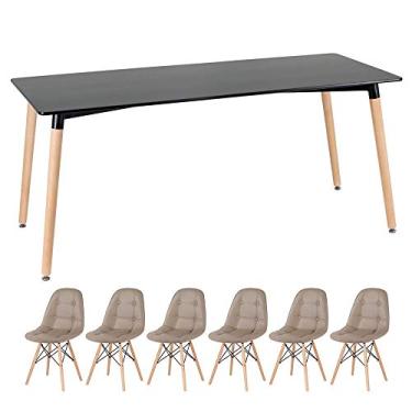 Imagem de Loft7, Kit - Mesa retangular Eames 80 x 160 cm preto + 6 cadeiras estofadas Botonê nude