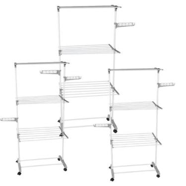Imagem de Kit 3 varal chão inox dobravel 3andares multifuncional cinza e branco 