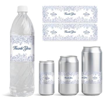 Imagem de GOMAKERER 30 folhas de etiquetas de garrafa de água para remoção de ervas daninhas, flores azuis, etiquetas de recipiente de água, adesivo autoadesivo personalizado para chá de bebê, lembrancinha de