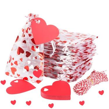 Imagem de FOIMAS Sacos de presente de organza de coração de 10 x 15 cm, 50 unidades de sacos de cordão de dia dos namorados com 50 etiquetas kraft, bolsa de joias e doces para lembrancinhas de festa de