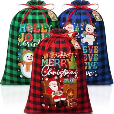 Imagem de FLOE 3 peças grandes sacos de presente de Natal com cordão, 51 x 71 cm, sacos de presente de Natal de linho de serapilheira a granel, saco reutilizável para presentes de Natal em tecido de algodão
