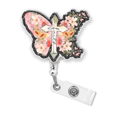 Imagem de Carretel de crachá Faith Butterfly 5 cm Estética Cristã Jesus Deus Oração Verso Bíblico Enfermeira CNA Suporte de Crachá Médico de Flebotomia Clipe Retrátil Cordão de Acrílico para Crachás de
