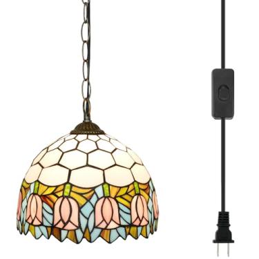 Imagem de Blivuself Luminária pendente de tulipas cor-de-rosa Tiffany de 30,48 cm, iluminação pendente de vitral, estilo vintage, para decoração de casa, cozinha, ilha, sala de jantar, corredor, bar