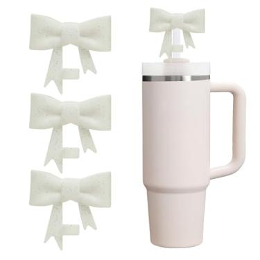 Imagem de CDYLDXG 3 capas de canudo com glitter para copo Stanley, topo de canudo de laço de 10 mm, tampa de silicone para copos de 850 g e copos de 1,134 g, acessórios de copo presente para mulheres (cremoso)