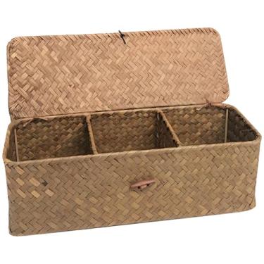Imagem de Cesta de vime com tampa tecida à mão, cor cáqui, organizador de três compartimentos para casa, cozinha, banheiro, 12,6 x 4,7 x 11 cm