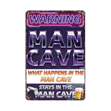 Imagem de Letnspk Placa de metal engraçada What Happens In The Man Cave Metal Sign Poster Decor Wall Art for Living Room Kitchen Bathroom Garden Farm 20 x 30 cm
