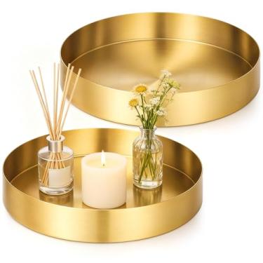 Imagem de 2 bandejas redondas douradas de 17 cm, bandeja decorativa de metal de aço inoxidável, organizador de maquiagem, bandejas de mesa de café para joias, perfumes, velas, utensílios de cozinha