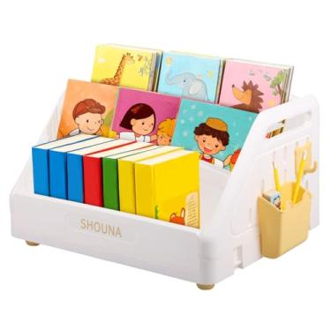 Imagem de Estante de livros Montessori dobrável para crianças pequenas com gancho e cesta de pendurar altura infantil para berçário de jardim de infância (branca)
