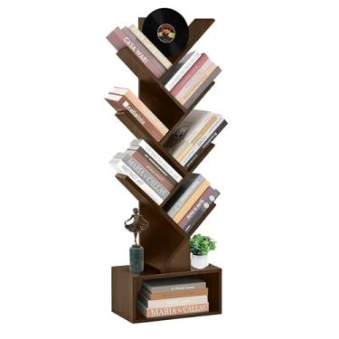 Imagem de Estante de árvore de 6 camadas, estante de madeira alta e estreita com gaveta e armário de armazenamento, pequena prateleira organizadora independente para quarto, sala de estar, escritório em casa