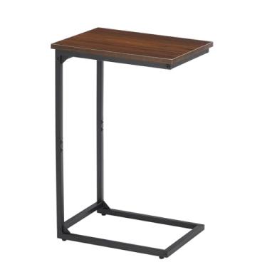 Imagem de Mesa de canto em forma de C, mesa C para sofá, pequena mesa de sofá com moldura de metal para sala de estar, quarto, marrom de madeira